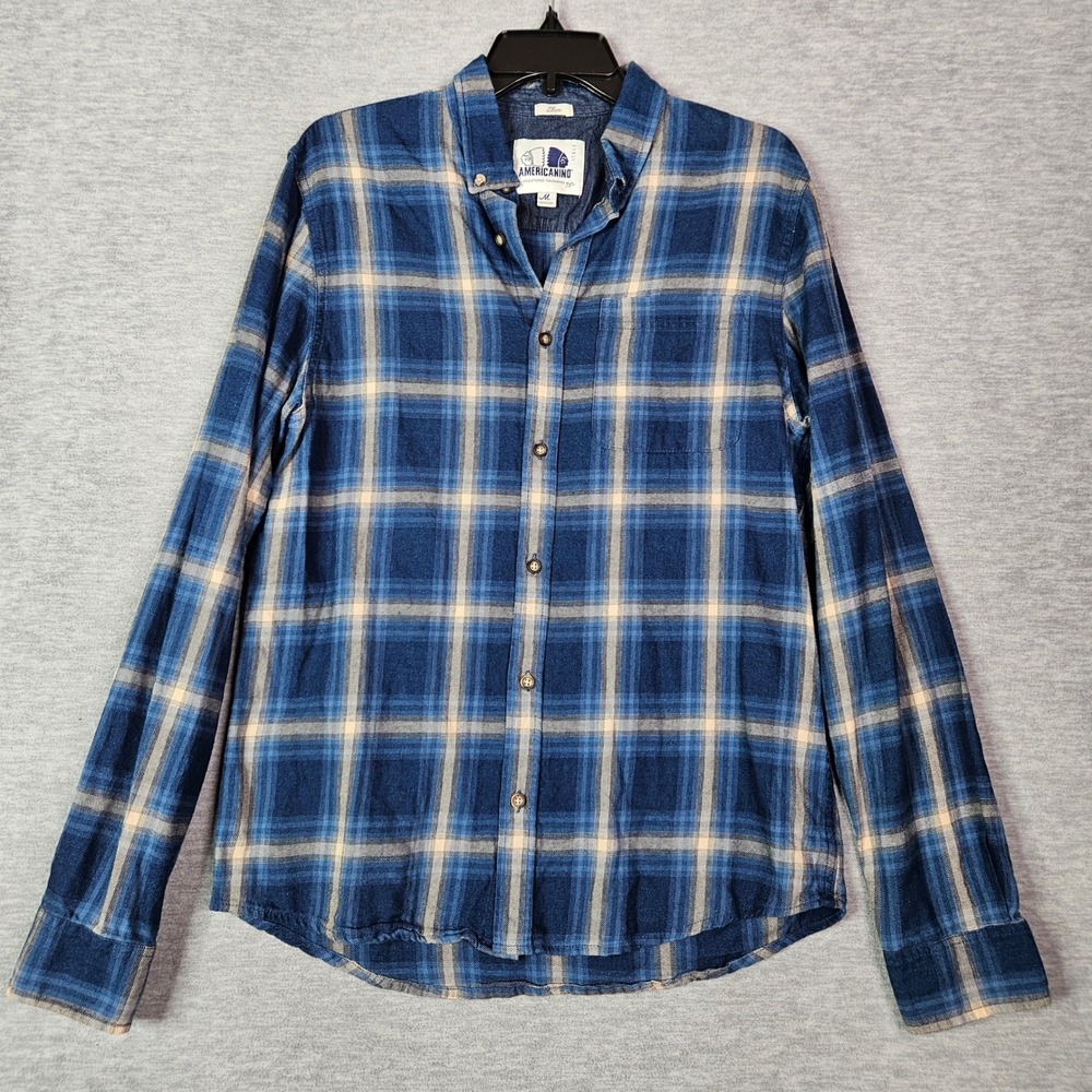 Americanino Italy Mens Slim Fit Plaid Button Down Shirt Blue Cream Medium